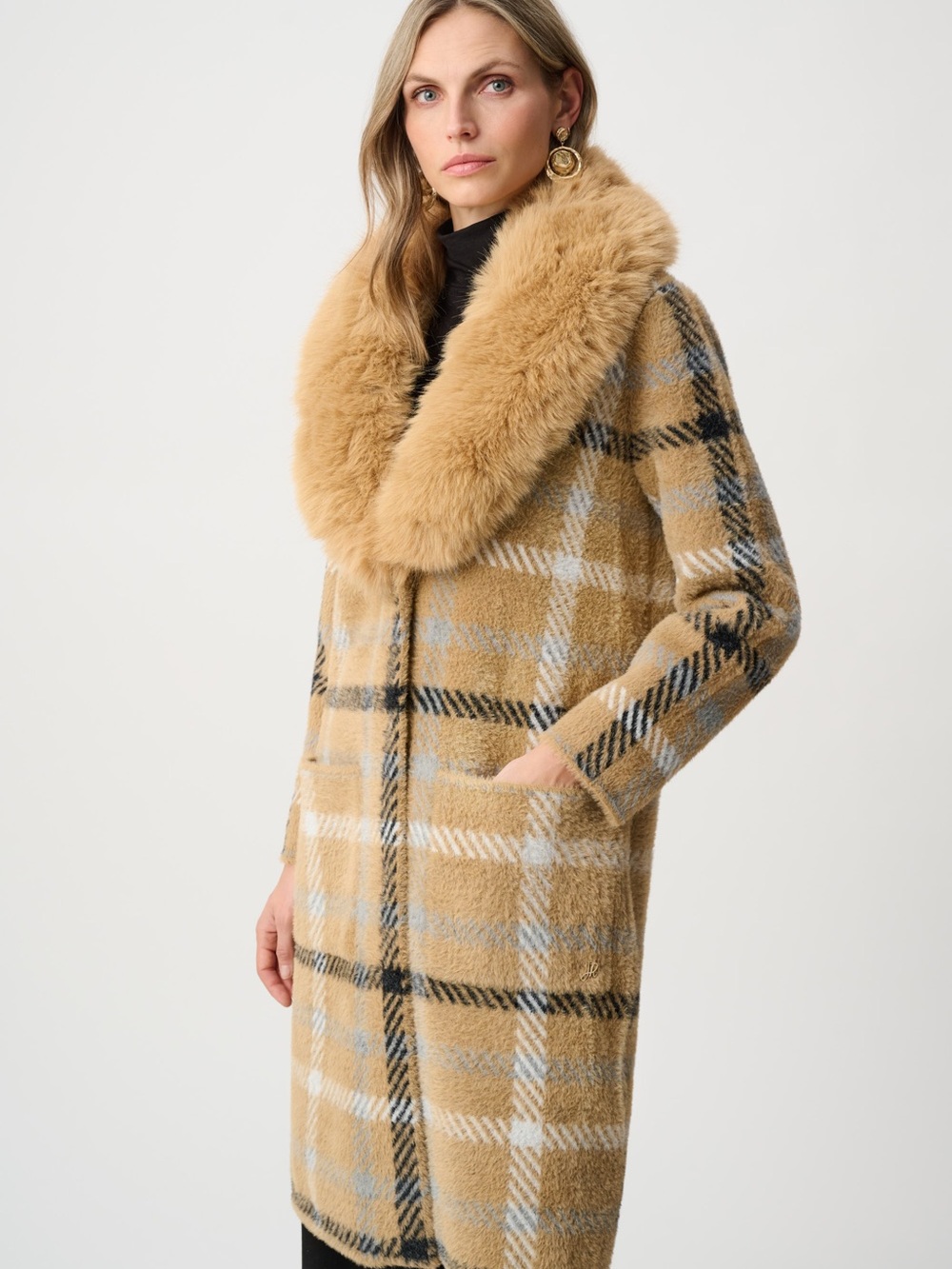 Joseph Ribkoff Plaid Pea Coat with Plush Faux Fur Collar - Camel Print